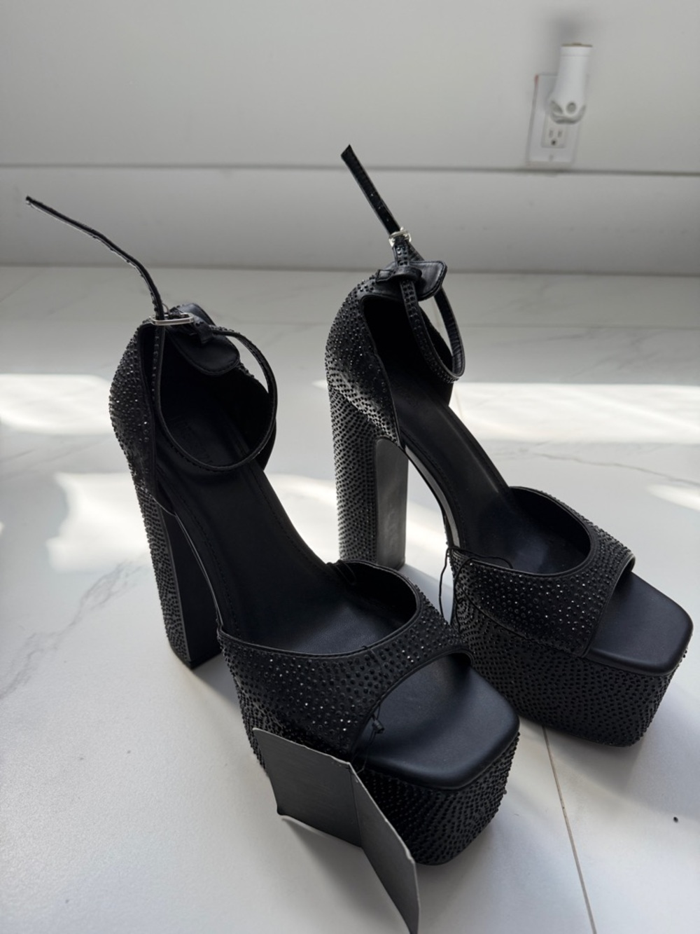 Forever 21 Black Studded Platform Block-Heels with Ankle Strap